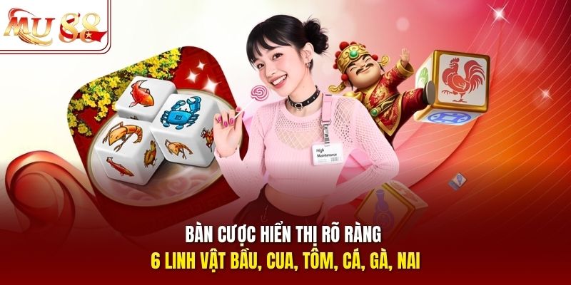 Bàn cược hiển thị rõ ràng 6 linh vật Bầu, Cua, Tôm, Cá, Gà, Nai